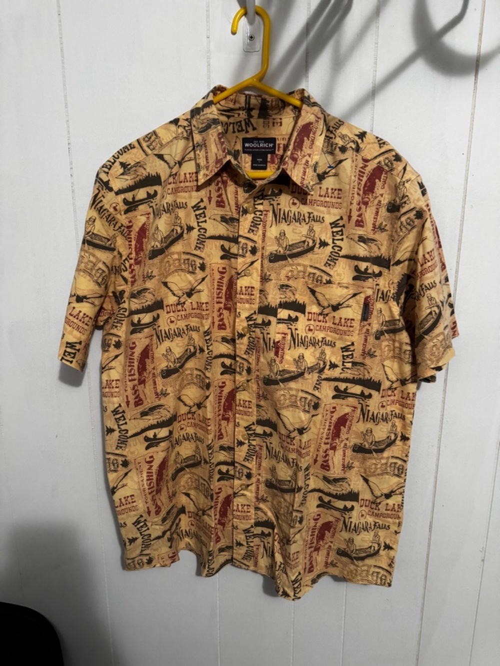 Woolrich Tan Short-Sleeve Printed Button-Down Shirt with Red and Black Accents